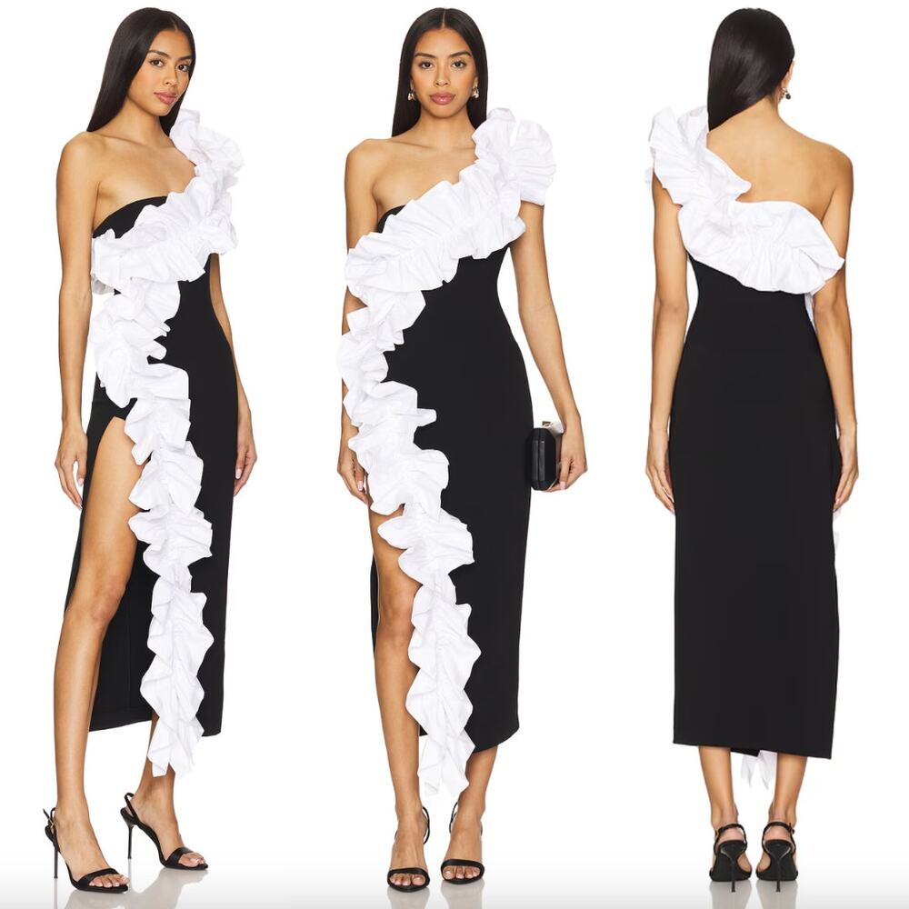 NBD | NWT The Sapphira Midi Dress in Black & White Contrast Ruffle S